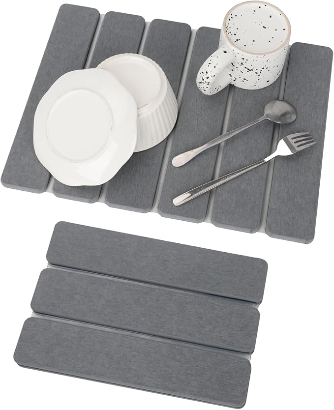 Stone Dish Drying Mat for Kitchen Counter, Eco-friendly, Instant Drying Pad,Diatomaceous Earth Water Absorbing Mat, Foldable and Super Absorbent Dish Drying Stone Mat, 16"×12", Dark Gray by Unknown