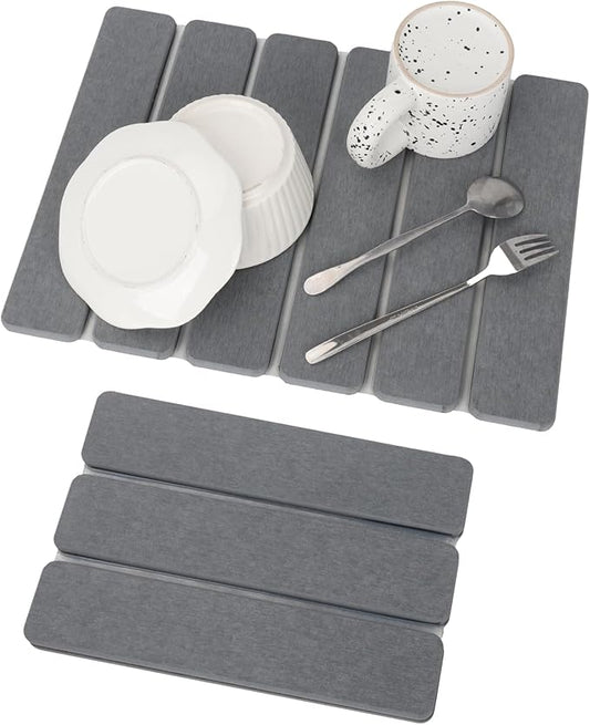 Stone Dish Drying Mat for Kitchen Counter, Eco-friendly, Instant Drying Pad,Diatomaceous Earth Water Absorbing Mat, Foldable and Super Absorbent Dish Drying Stone Mat, 16"×12", Dark Gray by Unknown