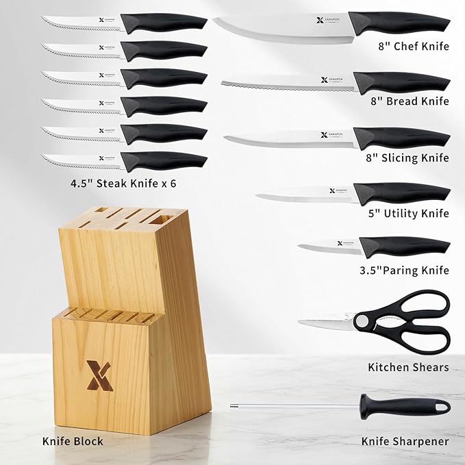 14 Pieces Kitchen Knife Set with Block, German Stainless Steel, BlackSilver - Image 2
