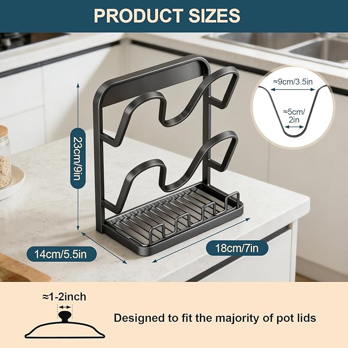Kitchen Pot Lid Storage Rack: Carbon Steel Double-Layer Holder & Spoon Rest with Removable Drip Tray, Pot Cover Holder While Cooking, Pot Lid Organizer for Kitchen Counter Space Saving(Gray) - Image 6