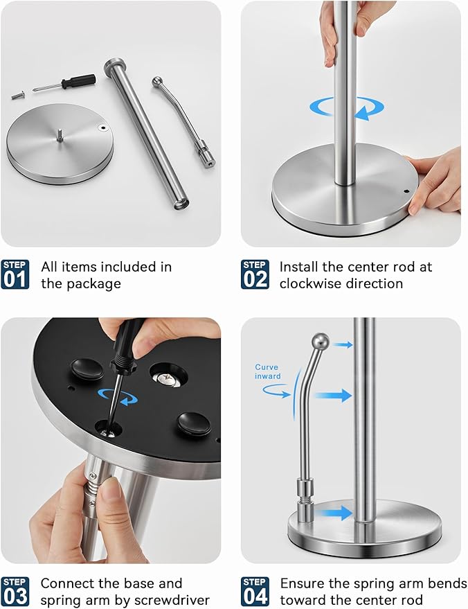 SMARTAKE Paper Towel Holder, Paper Towel Dispenser Standing Weighted Base Non Slip, Spring Arm for Easy Tear, Stainless Steel Paper Towel Holder for Home Kitchen Countertop Tabletop, Silver - Image 7