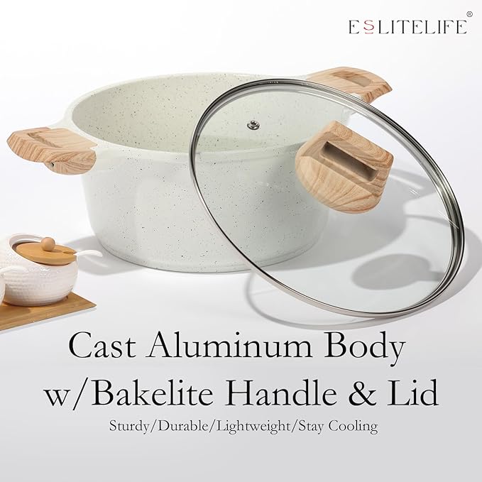 ESLITE LIFE Nonstick Stock Pot with Lid, 7 Quart Granite Casserole Large Soup Pot Pasta Cooking Pot, Induction Compatible, PTFE & PFOA Free, White - Image 7