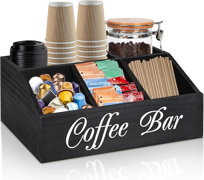 ugiftt Coffee Station Organizer for Counter, Wood Coffee Pods Holder Storage Basket, Tea Condiment Storage Organizer, Rustic Coffee Bar Decor for Coffee Accessories Organizer by ugiftt