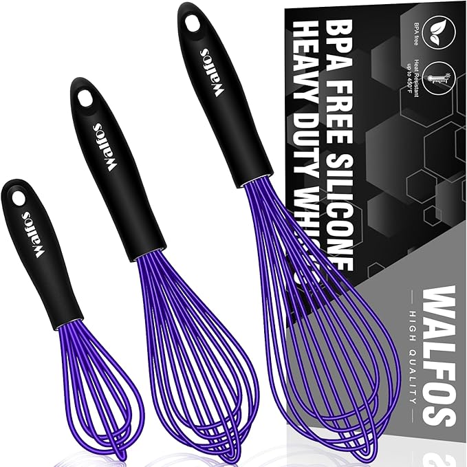 Walfos Whisk,7+9+11in Silicone Whisks for Cooking Non Scatch,Kitchen Whisk,BPA Free and Heat Resistant 480°F,Wisk Perfect for Frothing,Blending,Beating.Dishwasher Safe 3pcs Dark Purple by Walfos