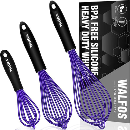 Walfos Whisk,7+9+11in Silicone Whisks for Cooking Non Scatch,Kitchen Whisk,BPA Free and Heat Resistant 480°F,Wisk Perfect for Frothing,Blending,Beating.Dishwasher Safe 3pcs Dark Purple by Walfos