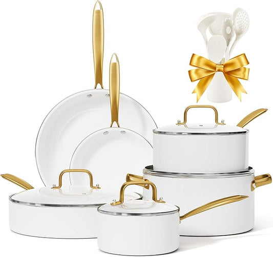 Ceramic Cookware Set, VONIKI 16 Pcs Pots and Pans Set Non Stick, Kitchen Cookware Sets with Cooking Utensils Set, Non Toxic Cookware Set White Gold Pan Set for Cooking Pot Oven & Dishwasher Safe, Gift by VONIKI