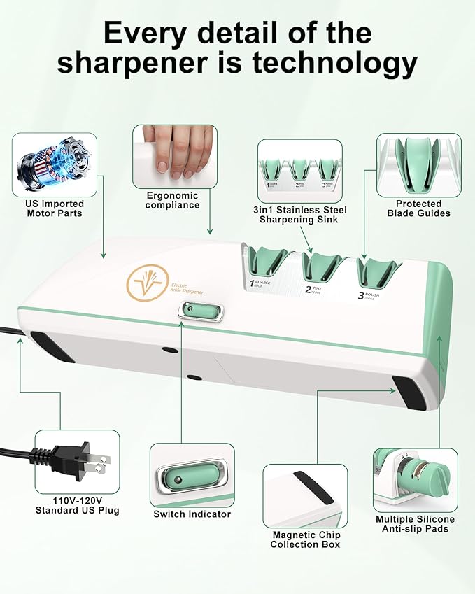 Electric Knife Sharpener with Replaceable Sharpening Head Easy to Change, 3-Stage & 15° Precision Angle Diamond Sharpening System for Metal Knives, Ceramic knives, Exquisite Gifts and Packaging