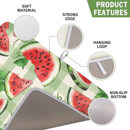 Summer Dish Drying Mat for Kitchen Counter Watercolor Watermelon Green Buffalo Plaid Microfiber Dish Drainer Mat Rustic Absorbent Washable Drying Pad 16"x18"