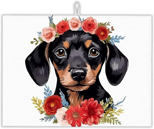 Dachshund Dog Flowers Dish Drying Rack Mat for Kitchen Counter, Dish Drying Pad Absorbent Reversible Microfiber Protector for Coffee Bar Sink Countertops 18x24 Inch