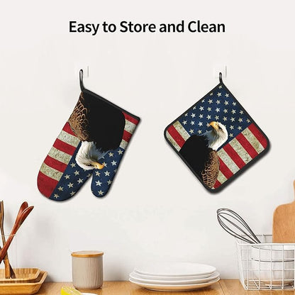 Patriots Oven Mitts - Rustic American Flag Kitchen Mitts Pot Holders Patriotic Hot Mitts 4th of July Hot Pads Sets of 2 for Cooking Baking Grilling - Image 6