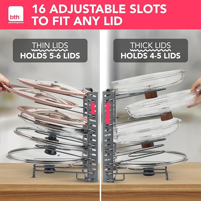 Free-Standing Adjustable Pot Lid Organizer for Cabinet - Kitchen Storage Rack 6 Adjustable Shelves, Pot Lid Holder, Pan and Pot Rack Organizer, Pantry & Inside Cabinet Organizer (13” Clearance) - Image 5