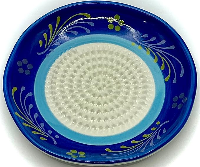 BonCera, All-in-one Premium Ceramic Garlic Grater Plate 4-Piece Set - Double Blue Circle Flower Design - For Garlic, Ginger, Chocolate, and more! - Comes with 5" Plate, Peeler, Brush, and Stand