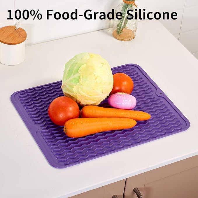 ZLR Silicone Dish Drying Mat & Heat Resistant Trivet (12" x 16") - Waterproof Counter Protector for Air Fryer, Coffee Maker - Non-Slip, BPA Free Kitchen Pad, Easy Clean Dishwasher Safe (Meadow Violet) - Image 9