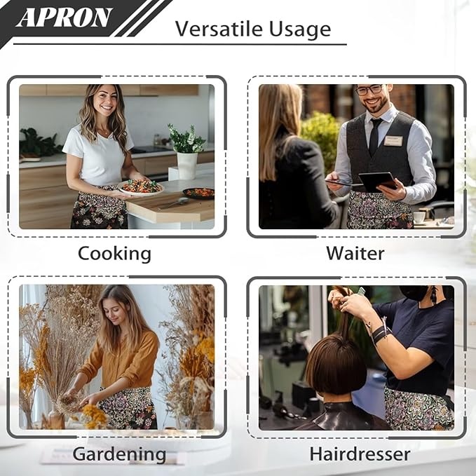 Server Apron with 3 Pockets, Waterproof Oil Waitress Waiter Half Apron for Restaurant Hotel Kitchen Cafe