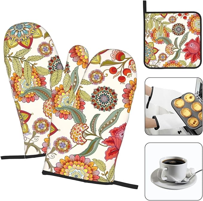 Boho Floral Oven Mitts and Pot Holders Sets of 3 Heat Resistant Hot Pads Colorful Flower Decorative Oven Gloves for Cooking Grilling Baking Kitchen Decor - Image 3