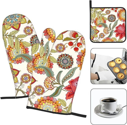Boho Floral Oven Mitts and Pot Holders Sets of 3 Heat Resistant Hot Pads Colorful Flower Decorative Oven Gloves for Cooking Grilling Baking Kitchen Decor - Image 3