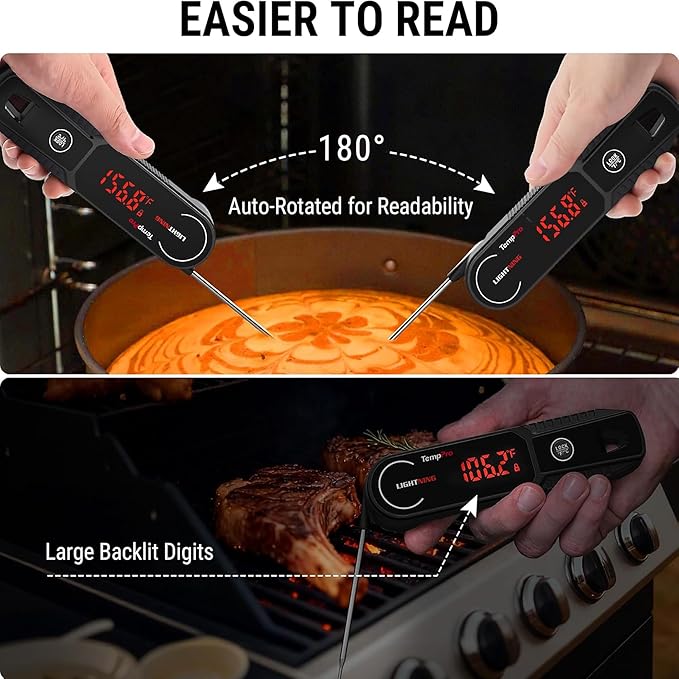 TempPro Lightning 1 Sec Instant Read Meat Thermometer, Kitchen Food Thermometer with 180° Rotating Display, IP67 Waterproof Cooking Thermometers for Deep Fry Smoker Grill BBQ(Previously ThermoPro) - Image 5