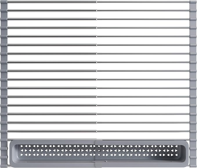 JASIWAY Over The Sink Dish Drying Rack for Kitchen, Expandable (12.8"-23.8" D x 15.5" W) Roll Up Dish Drainer with The Function of Fordable, Rust Proof, Large Sink Cover with Removable Utensil Holder by JASIWAY