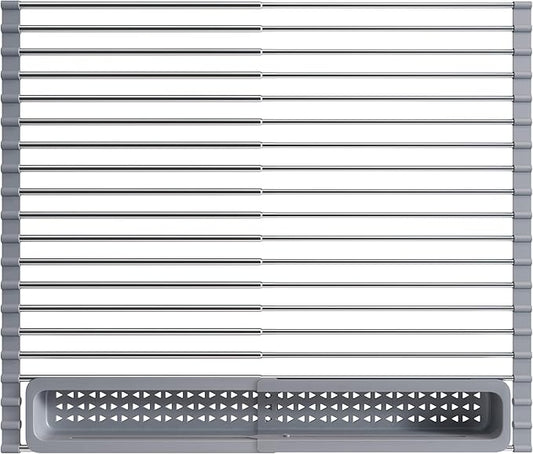 JASIWAY Over The Sink Dish Drying Rack for Kitchen, Expandable (12.8"-23.8" D x 15.5" W) Roll Up Dish Drainer with The Function of Fordable, Rust Proof, Large Sink Cover with Removable Utensil Holder by JASIWAY