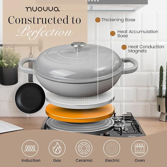 Shallow Cast Iron Casserole with Lid – Non Stick Dutch Oven Pot, Oven Safe up to 500° F – Sturdy Ovenproof Stockpot Cookware – Enamelled Cooking Pot – Grey, 3.7-Quart, 30cm – by Nuovva