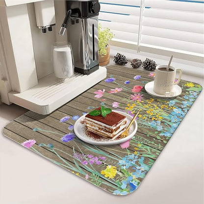 Dish Drying Mat for Kitchen Counter 2 Pack with Non-Slip Rubber Backing - Heat-Resistant Absorbent Coffee Bar Mat, Dish Rack Mat, Wooden Flower Dish Drying Mats 18x24+19.5x12 inch