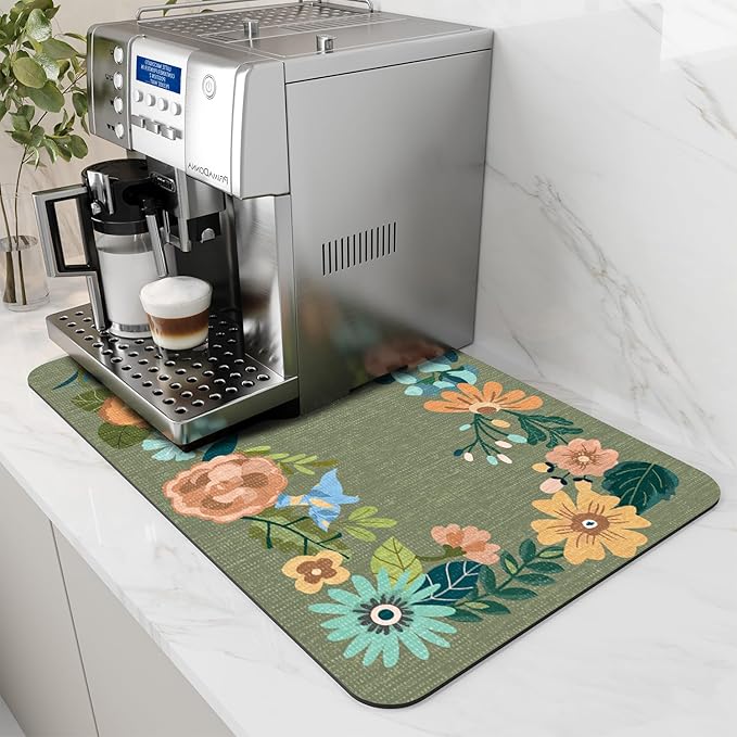 AMOAMI Coffee Mat - Hide Stain Rubber Backed Absorbent Dish Drying Mat for Kitchen Counter - Bar Accessories Fit Under Coffee Maker, Espresso Machine, Dish Rack - Floral Green 16x24 by AMOAMI