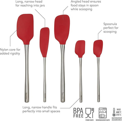 Tovolo Stainless Steel Handled Silicone Spatula Set of 5 Cayenne Red, Dishwasher Safe Kitchen Spatula Set for Cooking Baking, Non Toxic BPA Free Silicone Spatula set with Metal Steel Handle