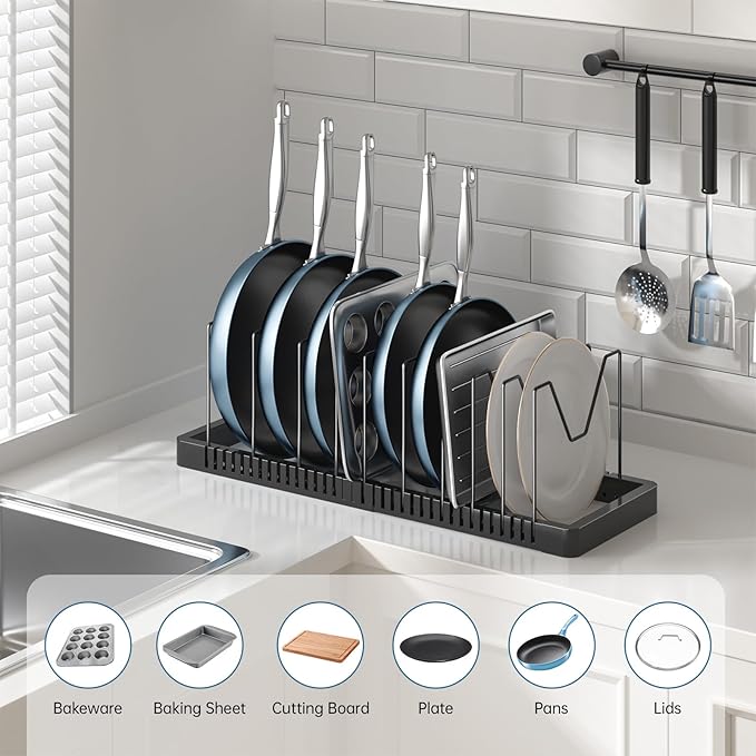 PanPanPal Pots and Pans Organizer under Cabinet, Expandable Pot Lid Organizer Holder with 10 Adjustable Compartment, Pan Organizers inside Cabinet for Lids, Bakeware, Kitchen Storage Pot Rack, Black - Image 3