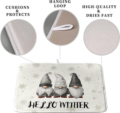 Winter Gnome Dish Drying Mat for Kitchen Counter 16x18 Christmas Snowflakes Santa Kitchen Drying Mat Hello Winter Dish Drainer Mat Super Absorbent Dish Rack Mat for Coffee Bar Countertop - Image 3