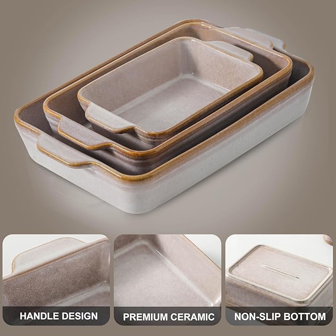 HVH 9x13 Baking Dish Set, Large Casserole Dishes for Oven, Ceramic Bakeware Set of 3, Rectangular Lasagne Pan Deep for Baking (Sand Color) - Image 6