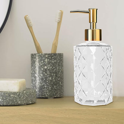 Clear Glass Soap Dispenser with Gold Plastic Pump, 2 Pack 12oz Diamond Hand Soap Dispenser, Refillable Lotion Dispenser & Dish Bathroom Dispenser for Liquid, Shower Gel