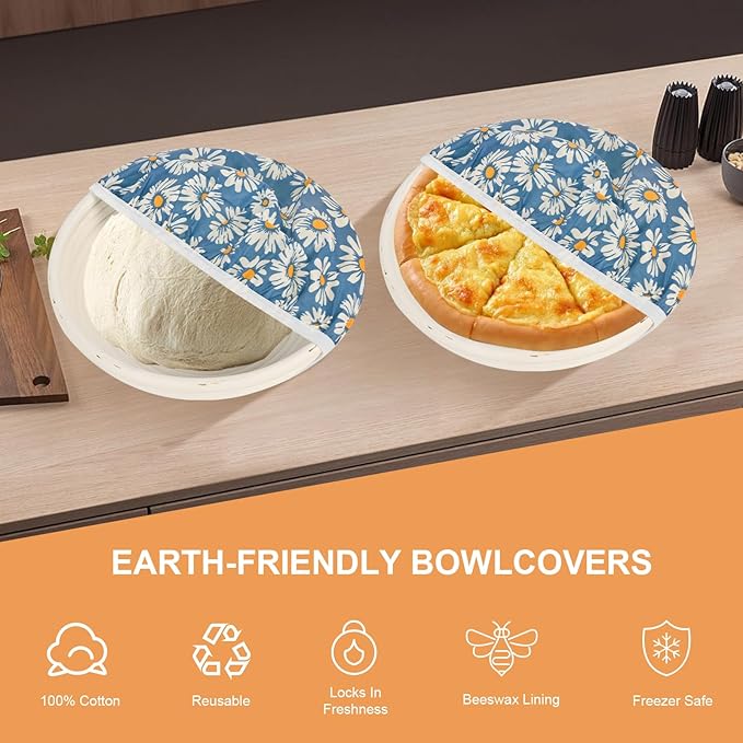 Reusable Bowl Covers for Bread Proofing（2 Large）- Cotton Beeswax Bowl Covers Reusable with Elastic Rim, Sourdough Bowl Cover for Food Storage and Food Preservation (10INCH) (daisy)