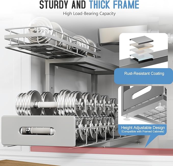 Under Sink Organizer Upgrade To Professional Rails,2-Tier Dual Pull Out Cabinet Storage,Height Adjustable Slide Out Drawers For Bathroom Kitchen,2 Pack-18.5"Dx12.8"-16.9"H,Gun Gray - Image 4