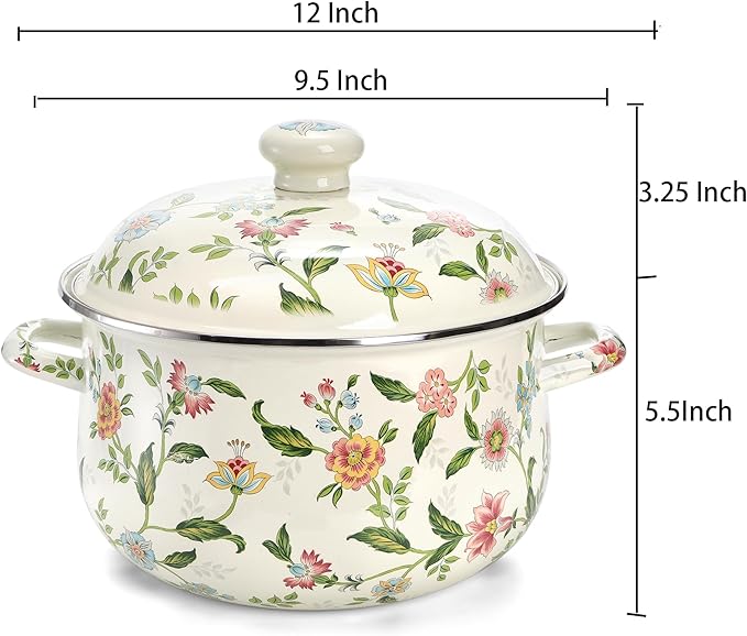 Jucoan 5 Quart Enamel Stockpot with Lid, Green Floral Enamelware Cooking Pot with Dual Handles for Stovetop, Large Soup Pot Potpourri Simmer Pot Gift for Housewarming Bridal Shower Mother's Day - Image 8