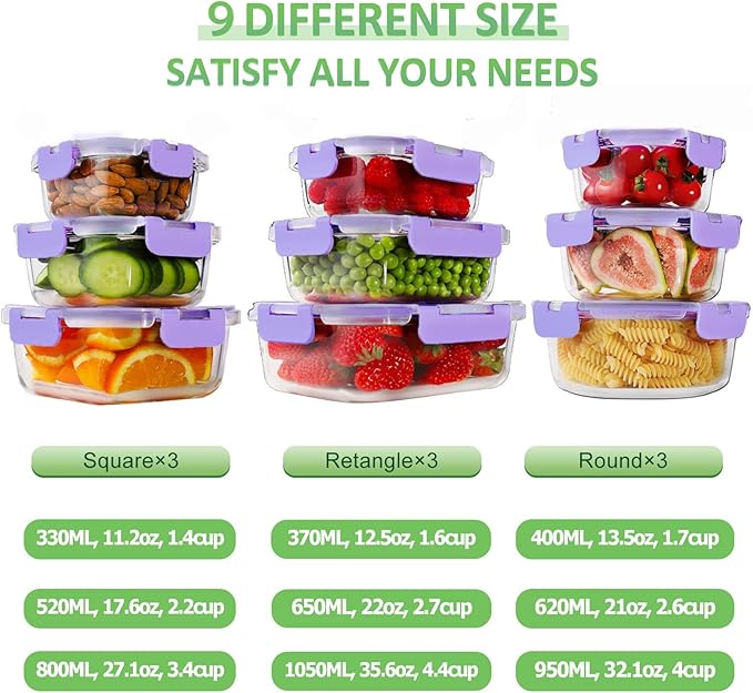 HOMBERKING Glass Food Storage Containers with Lids, 18 Piece Meal Prep Containers, Airtight Lunch Bento Boxes, BPA-Free & Leak Proof (9 Lids & 9 Containers) - Purple - Image 2