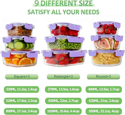 HOMBERKING Glass Food Storage Containers with Lids, 18 Piece Meal Prep Containers, Airtight Lunch Bento Boxes, BPA-Free & Leak Proof (9 Lids & 9 Containers) - Purple - Image 2