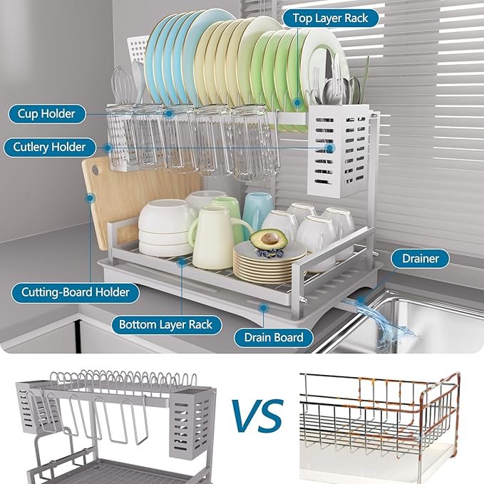 B-Land Dish Drying Rack: 2 Tier Dish Racks for Kitchen Counter - Large Rust Proof Dish Drying Rack with Aluminum - Detachable Dish Drainer Organizer with Utensil Holders Drainboard Silver - Image 6