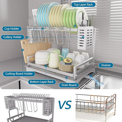 B-Land Dish Drying Rack: 2 Tier Dish Racks for Kitchen Counter - Large Rust Proof Dish Drying Rack with Aluminum - Detachable Dish Drainer Organizer with Utensil Holders Drainboard Silver - Image 6