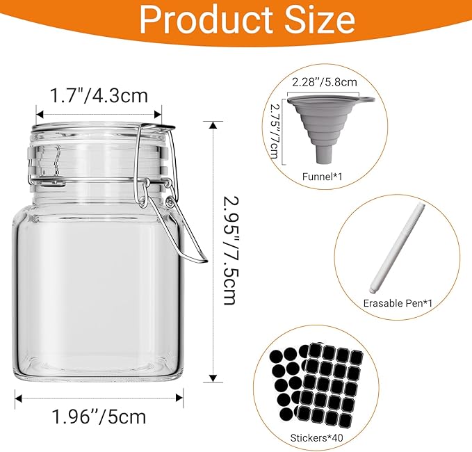 DHSBTLS 4 oz Mini Square Spice Jars, 12 Pack Glass Mason Jars with Airtight Hinged Lid, Leak Proof Storage Container for Spices, Honey, Food Bottles with Silicone Funnel and 40 Labels &Chalkboard Pen