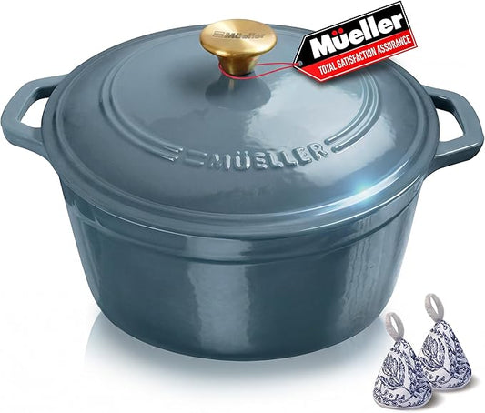 MUELLER HOME 6 Quart Enameled Cast Iron Pot Dutch Oven, Heavy-Duty, Oven-Safe up to 500° F & Across All Cooktops, Bread Pan with Lid & Knob, Cast Iron Cookware, Blue Kitchen Accessories, Mineral Blue by MUELLERHOME