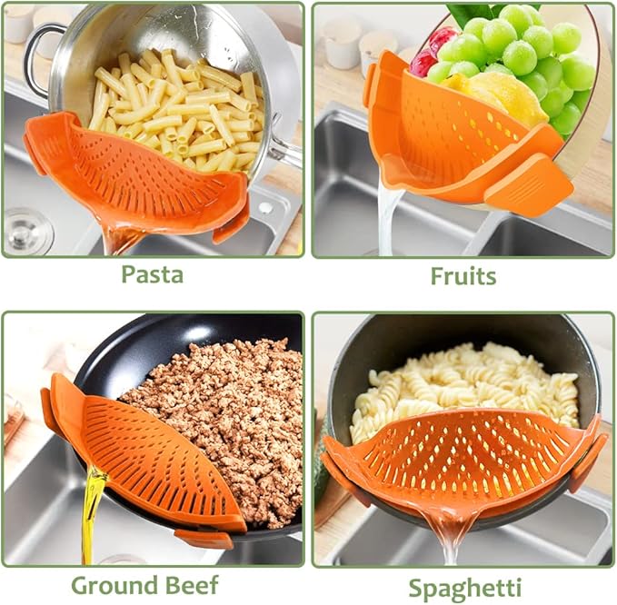 YEVIOR Clip on Strainer for Pots Pan Pasta,Silicone Food Strainer Hands-Free Pan Strainer, Clip-on Kitchen Food Strainer for Spaghetti, Pasta, Ground Beef Fits All Bowls and Pots (Orange) - Image 6