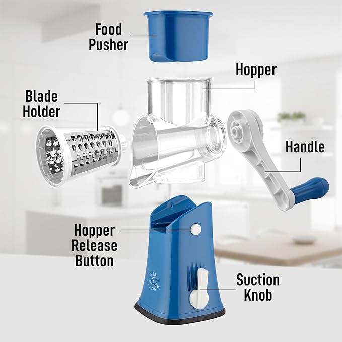 Zulay Kitchen Rotary Cheese Grater 5 Blade Cheese Shredder - Manual Hand Crank Cheese Grater With Reinforced Suction & 5 Interchangeable Drums - Easy to Use, Vegetable Chopper Round Mandoline Slicer - Image 8