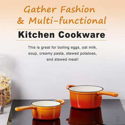 Enameled Cast Iron Sauce Pan, Leonyo 1 Qt & 2 Qt Saucepan Set, Cast Iron Dutch Oven Kitchen Small Pots for All Cooktops Cooking Pasta, Milk, Oatmeal - Up to 500°F & Nonstick, Orange