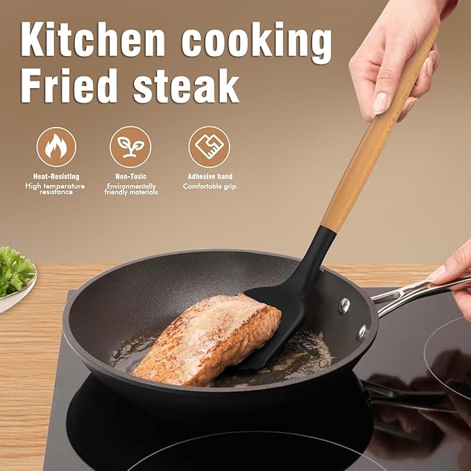 Silicone Cooking Utensils Set - AVGPD Silicone Kitchen Utensils for Cooking Wooden Handles, 446°F Heat Resistant Kitchen Utensil Spatula Sets, Gadgets for Non-Stick Cookware BPA FREE (Black) - Image 3