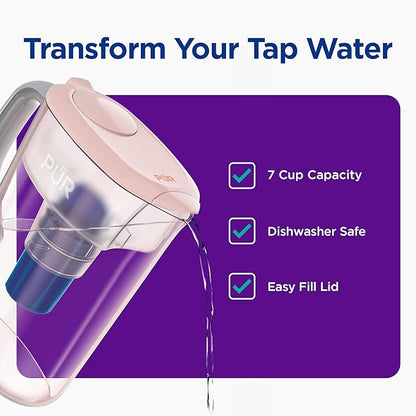 PUR 7-Cup Water Pitcher, 1 Genuine Filter, Cleaner, Great-Tasting Water, Dishwasher Safe, Powerful, Faster Filtration, LockFit Cap Design - Blush (Pack of 2)