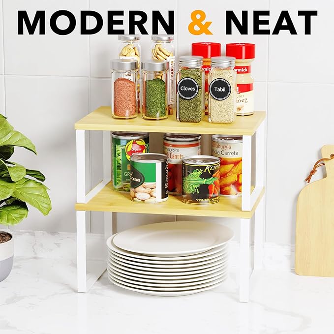SpaceAid Cabinet Shelf Organizers 2 Pack, Kitchen Counter Rack Shelves Riser, Stackable Expandable Spice Rack, Pantry Cupboard Storage Organization (White and Natural, Short) - Image 5