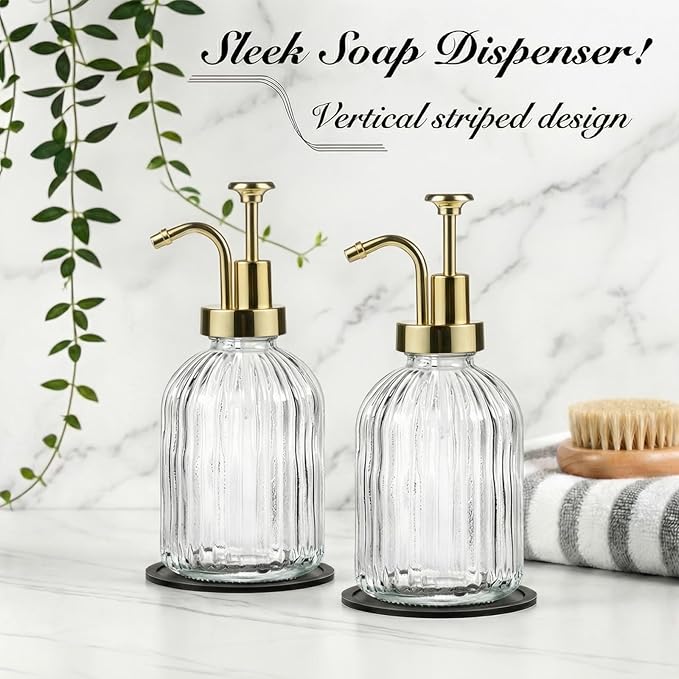 SheeChung Clear Glass Soap Dispenser, 12 Oz Liquid Hand Soap Dispenser with Pump, Refillable Lotion Dish Soap Dispenser for Kitchen, Stripes Shampoo Bottle, Bathroom Countertop (Gold Pump, 2 Pack)