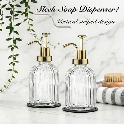 SheeChung Clear Glass Soap Dispenser, 12 Oz Liquid Hand Soap Dispenser with Pump, Refillable Lotion Dish Soap Dispenser for Kitchen, Stripes Shampoo Bottle, Bathroom Countertop (Gold Pump, 1 Pack)