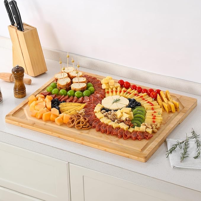 24 x 18 Extra Large Bamboo Serving Boards for Kitchen, Heavy Duty Wood Butcher Block Chopping Board with Handle and Juice Groove for Meat, Large Charcuterie Board, Over the Sink Cutting Board - Image 7