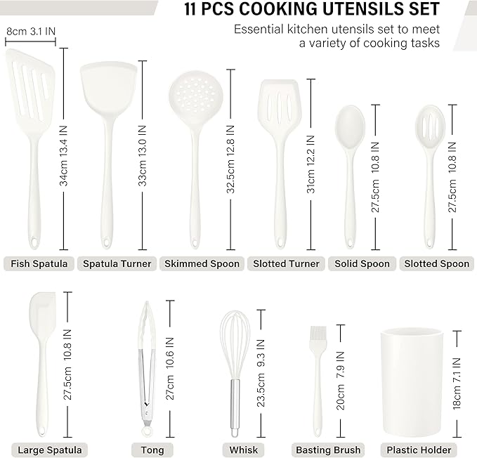 HaWare 11 PCS Silicone Cooking Utensils Set, Heat Resistant Kitchen Utensils with Holder, Food-grade Spatula Sets for Nonstick Cookware, Kitchen Tools Gadgets Include Fish Turner, Spoon (White) - Image 2